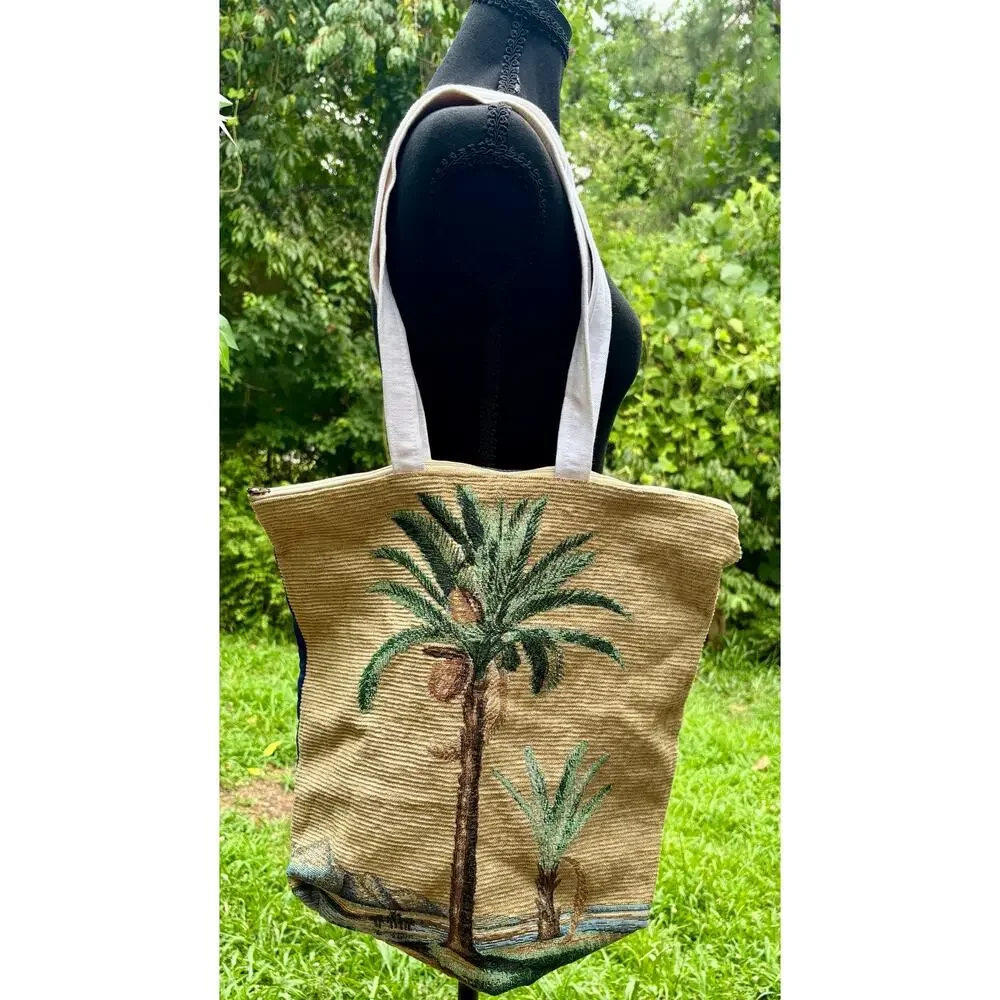 Vintage Palm Tree Tapestry Beach Tote Coastal Resort Tropical Zip Shoulder Bag